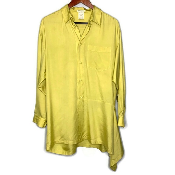 Plantation By Issey Miyake Lime Green 100% Silk Asymmetrical Buttoned ShirtM